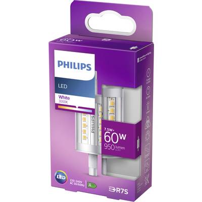'Philips LED-Lampe, 7.5W entspricht 60W, 950 Lumen, Weiß 3000K, Energieklasse A++, R7S Sockel.'
