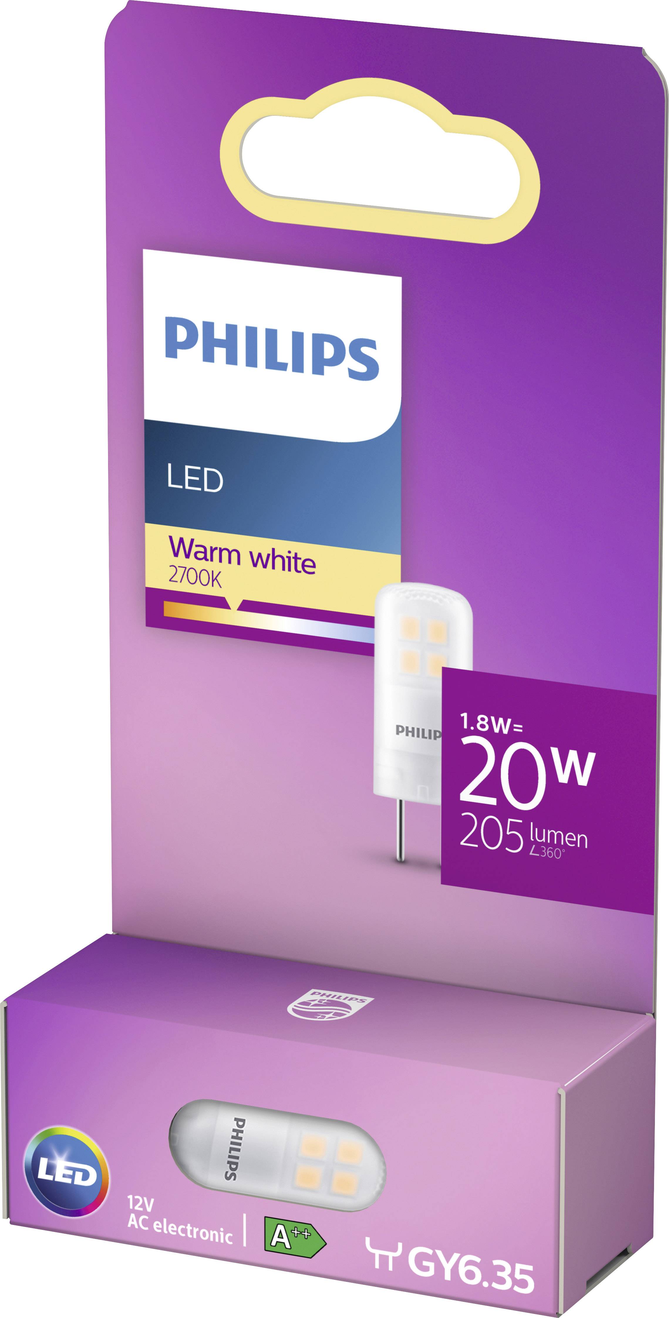 LED-Lampe von Philips, 20W Leistung, 205 Lumen, warmweißes Licht (2700K). Verpackung zeigt Produkt und technische Details.