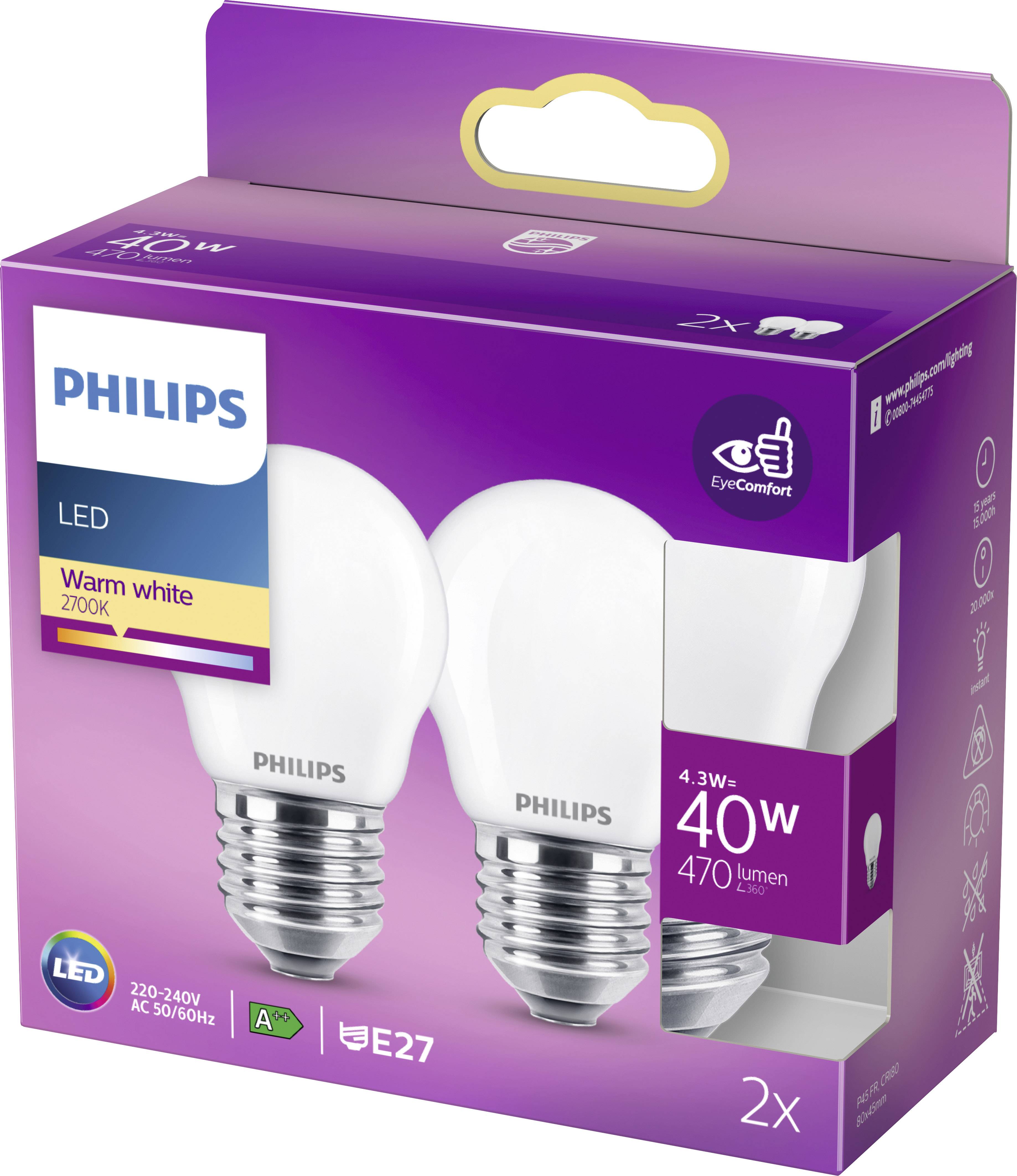 'Philips LED-Lampen, warmweiß, 4,3W, 470 Lumen, E27 Fassung, energiesparend, 2er-Pack, EyeComfort, 2700K.'