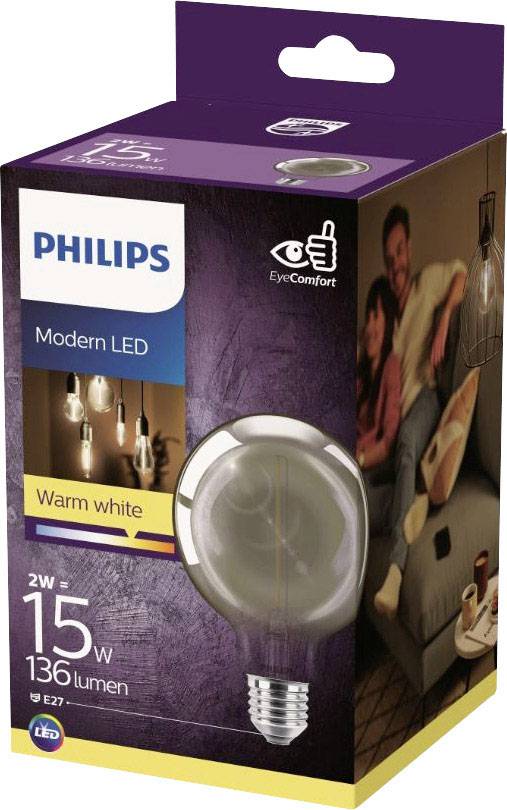 LED-Glühbirnenverpackung mit der Marke 'Philips' und Spezifikationen: 15W, warmweiß, 136 Lumen, Moderne LED, E27 Sockel.