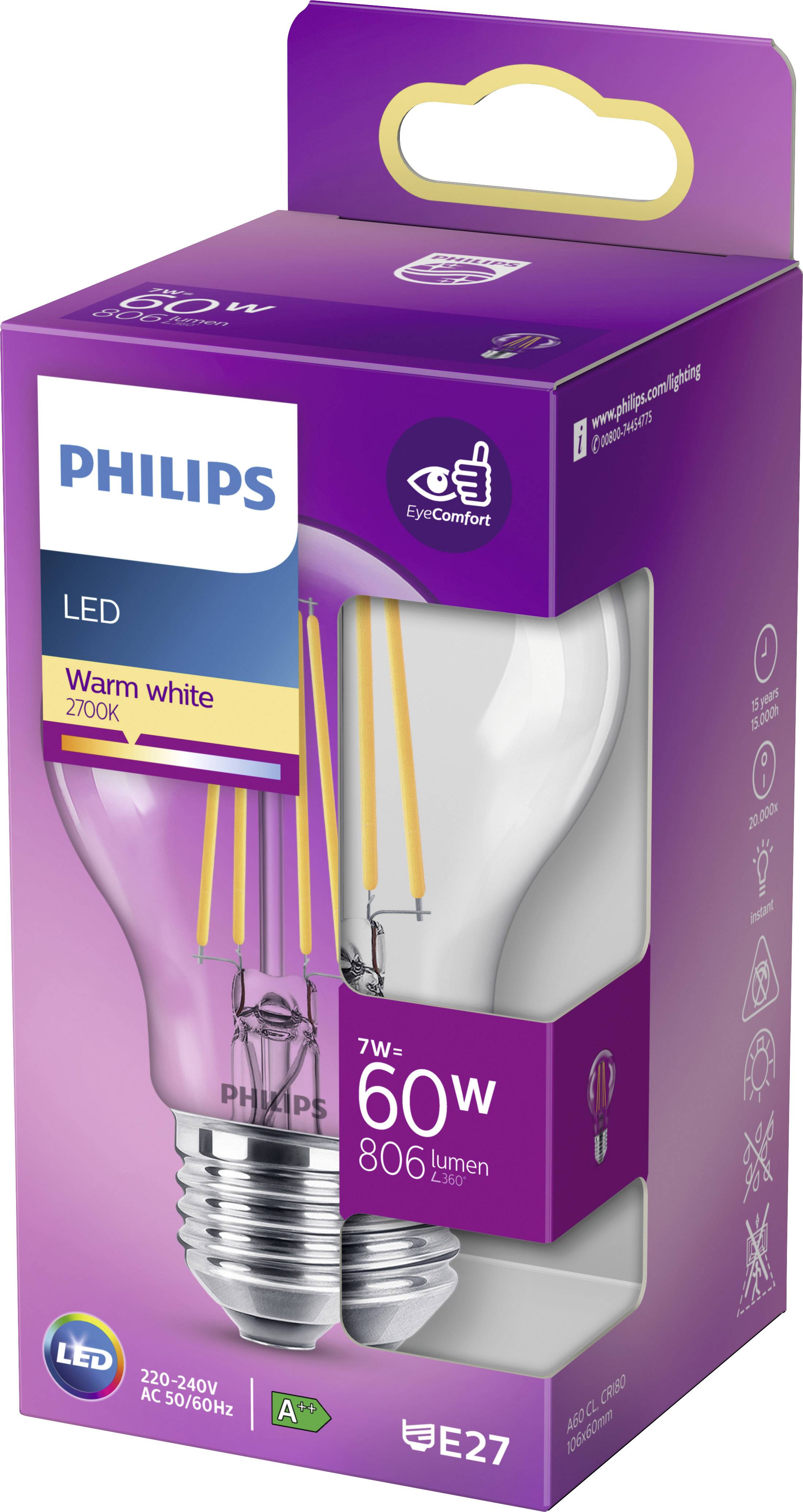 LED-Glühbirnenverpackung von Philips, zeigt warmweißes 2200K Licht mit 7W, äquivalent zu 60W und 806 Lumen, Sockel E27.