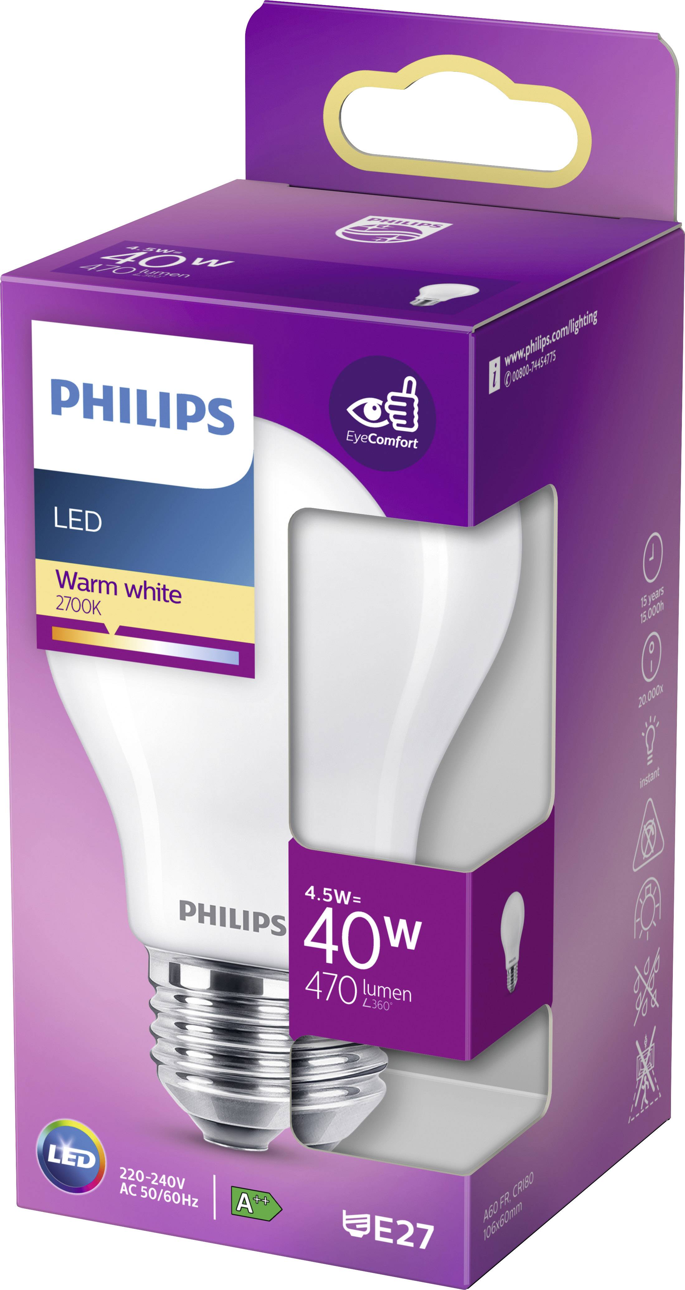 Die Verpackung einer Philips LED-Glühbirne, Warmweiß 2700K, 4.5W, 40W Ersatz, 470 Lumen, E27-Fassung, Energieklasse A++.