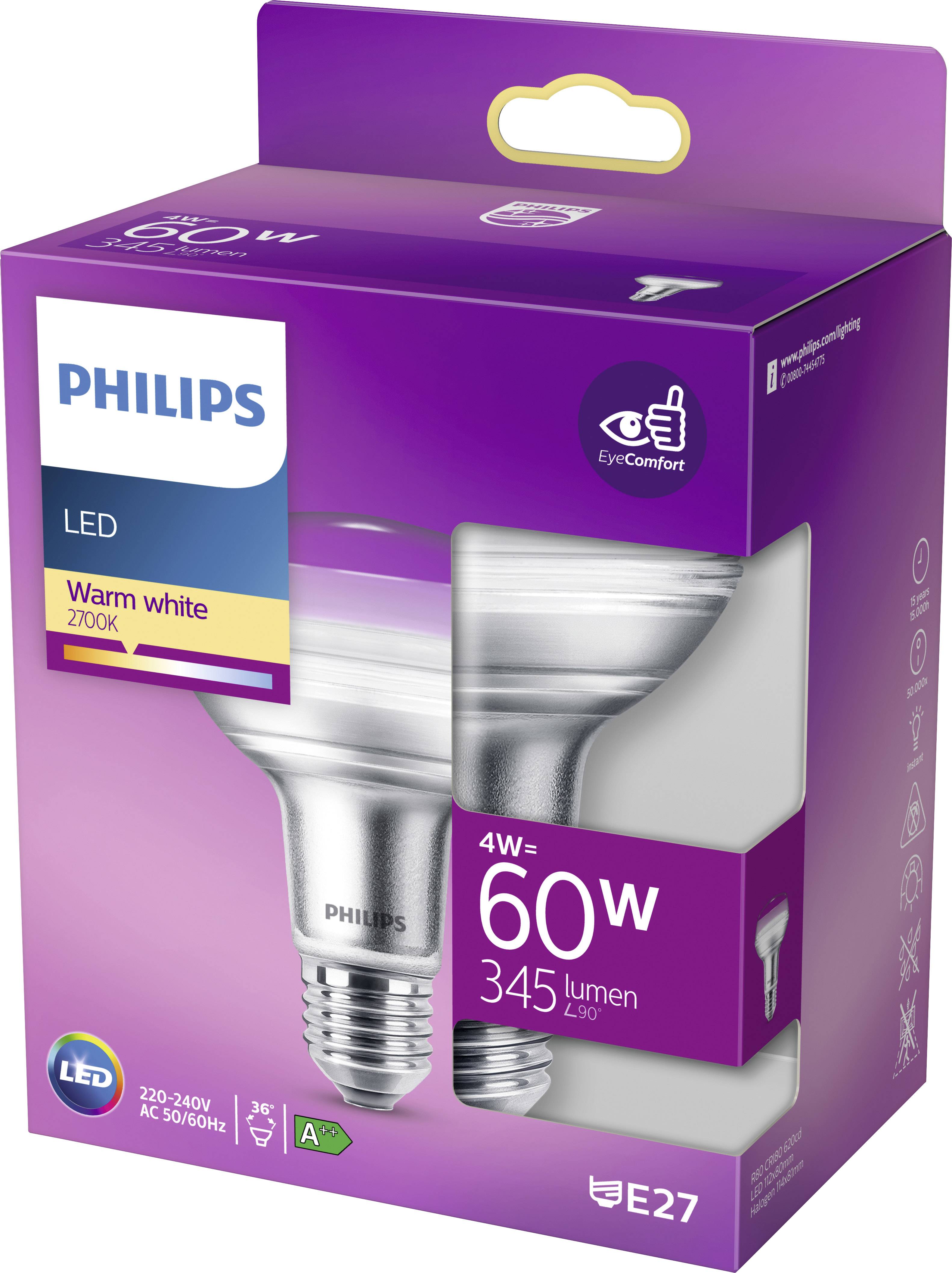 LED-Glühbirnen-Verpackung der Marke Philips, 4W, entspricht 60W, 345 Lumen, warmweiß, E27-Sockel. Energieklasse A+.