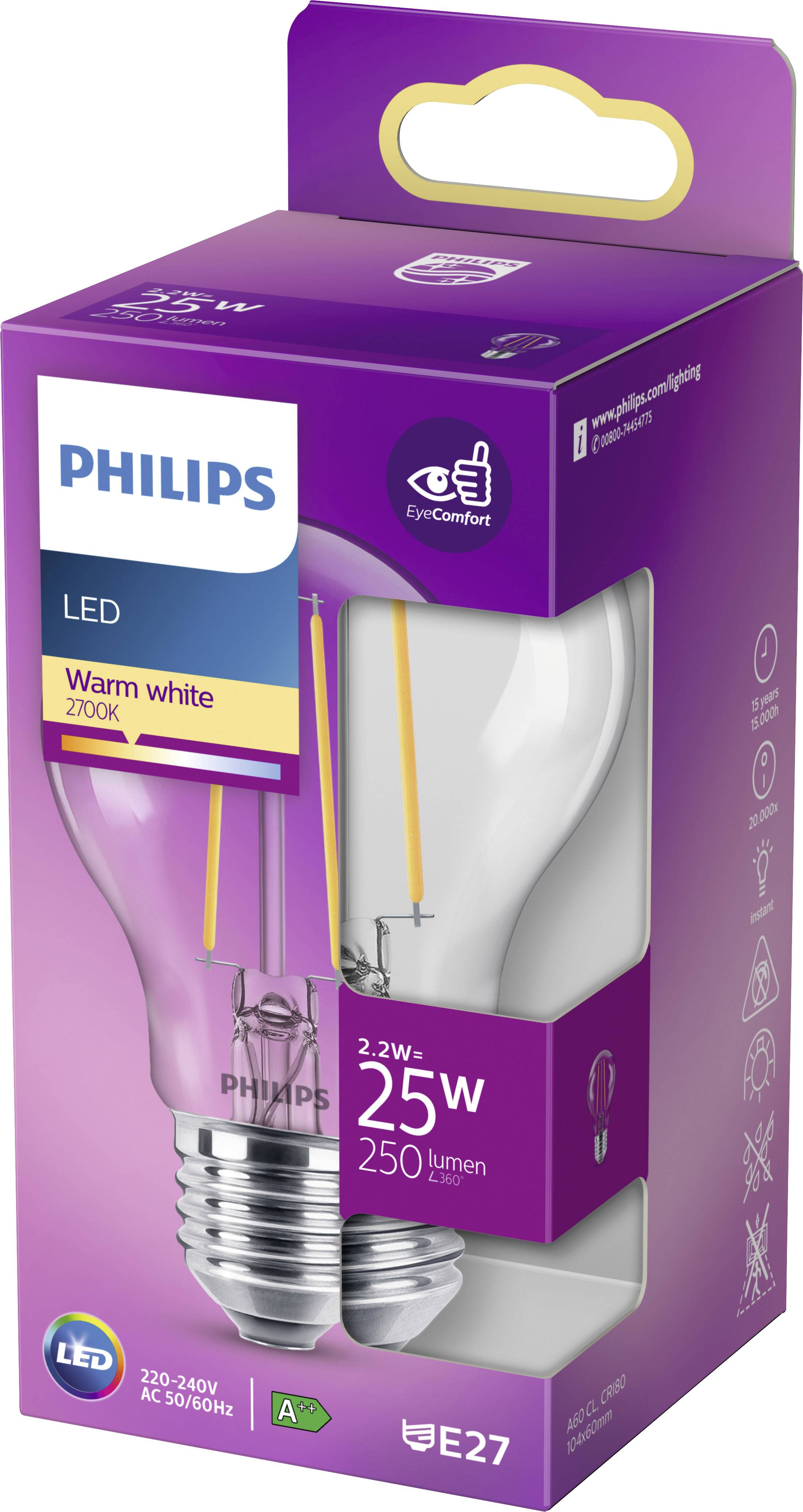 Dieses Bild zeigt eine Verpackung für eine Philips LED-Glühbirne mit 25W, warmweißem Licht bei 2700K und 250 Lumen, Sockel E27.