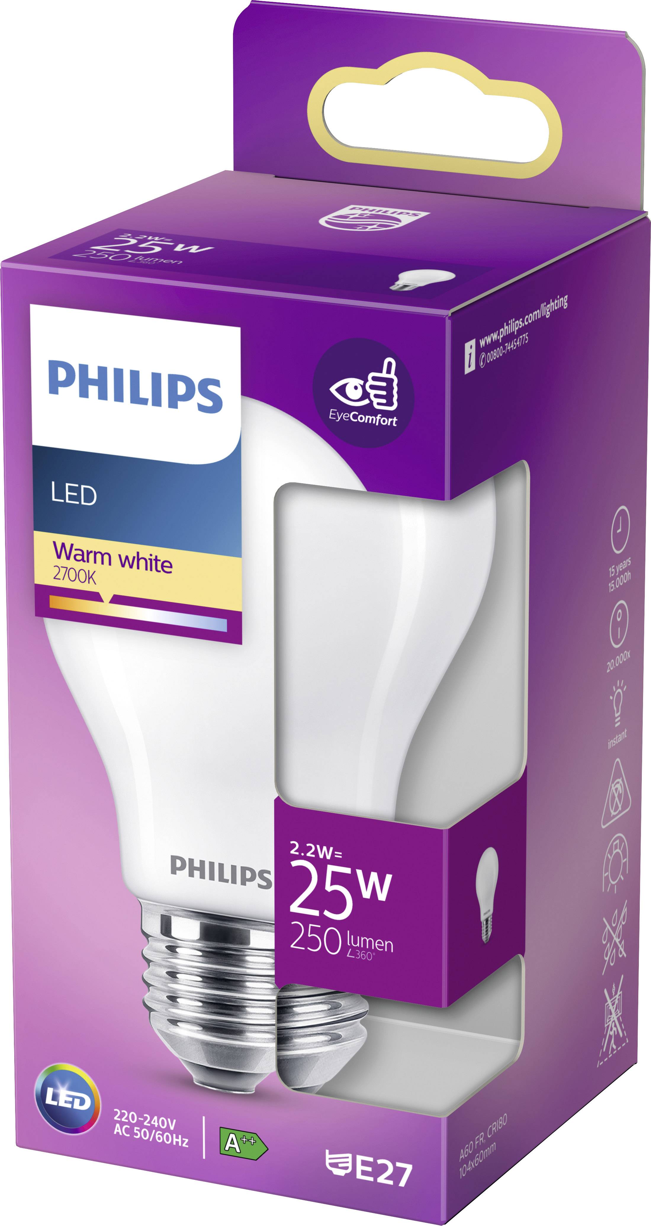 'Philips LED-Lampe, warmweißes Licht, 2,2W ersetzt 25W, 250 Lumen, E27-Fassung, Energieklasse A+.'