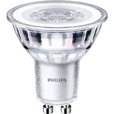 LED-Spot GU10 von Philips. Transparentes Glas mit silbernem Sockel. Eignet sich für energieeffiziente Beleuchtung.