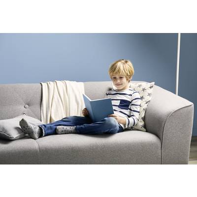 Ein Junge sitzt auf einem grauen Sofa und liest ein blaues Buch. Der Hintergrund ist blau, mit einem Kissen und einer Decke neben ihm.