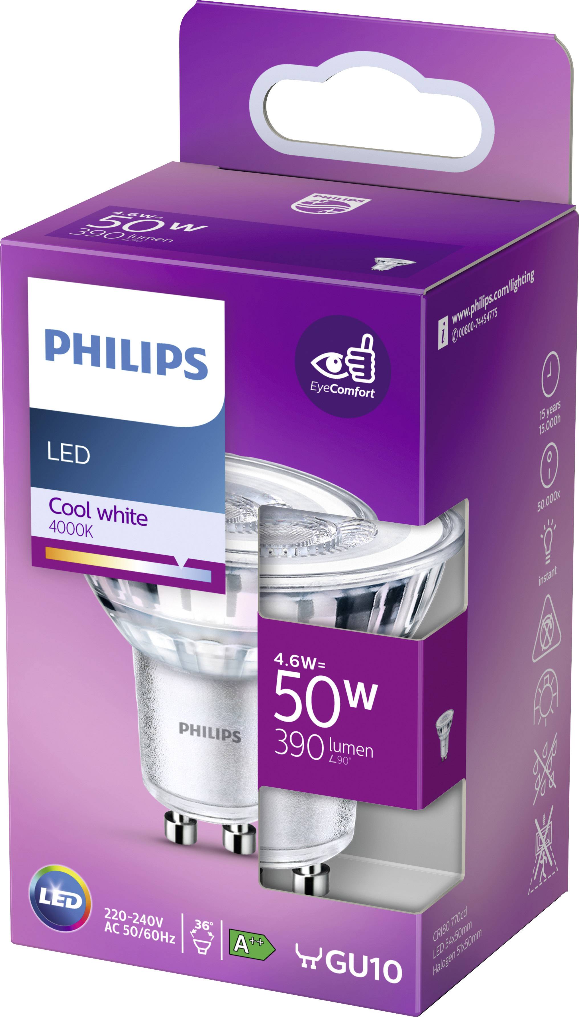Verpackung einer Philips LED-Lampe, 4,6W, 50W äquivalent, 390 Lumen, GU10, Cool White 4000K, Energieeffizienzklasse A+.