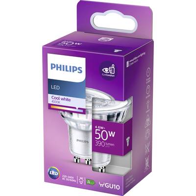Verpackung einer Philips LED-Lampe, 4,6W, 50W äquivalent, 390 Lumen, GU10, Cool White 4000K, Energieeffizienzklasse A+.