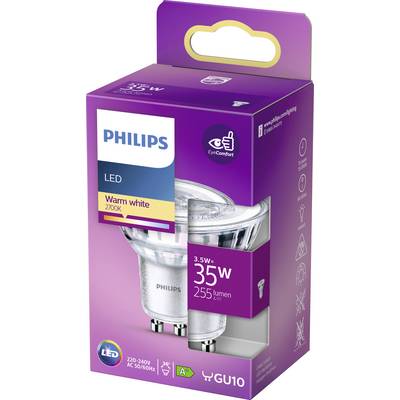 Glühbirnenverpackung von Philips: LED, warmweißes Licht, 2700K, 3,5W, 35W Äquivalent, 255 Lumen, GU10-Sockel, Energieklasse A+.