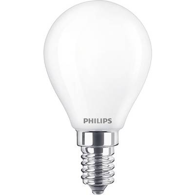 Eine weiße Glühbirne der Marke Philips mit E14-Fassung vor weißem Hintergrund. Sie ist ausgeschaltet.