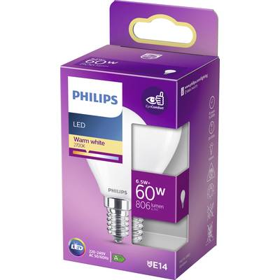 LED-Glühbirnenverpackung mit Markenname und Spezifikationen: warmweiß, 6,5 W, 60 W Äquivalent, 806 Lumen, E14 Sockel.