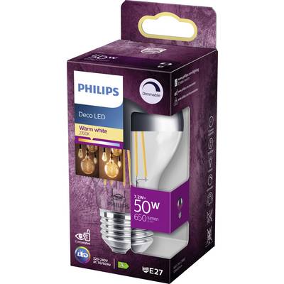 Die Verpackung einer Philips Deco LED-Glühbirne, warmweiß, dimmbar, 7,2W=50W, 650 Lumen, E27 Fassung, Energieklasse A.