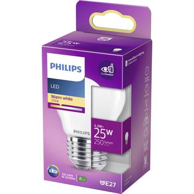 Eine LED-Glühlampe von Philips, warmweißes Licht mit 2700K, 2,2W Leistung, 250 Lumen, Energieklasse A+. Verpackung zeigt Produktdetails.