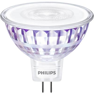 Eine LED-Lampe von Philips, klar und facettiert, mit GU5.3-Sockel, verwendet für präzise Beleuchtung in Wohn- oder Arbeitsbereichen.
