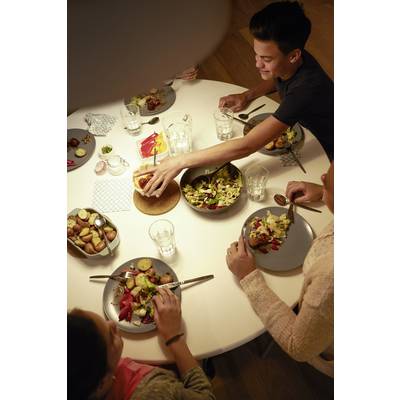 Vier Personen sitzen an einem runden Tisch und essen ein gemeinsames Mahl mit Salat und Braten. Eine Person reicht Paprika.