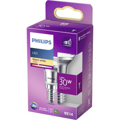Eine Packung 'Philips LED'-Glühbirnen, warmweiß (2700K), 1,8W entspricht 30W, E14-Sockel, 150 Lumen, geeignet für Augenschonung.