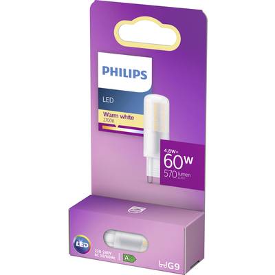Eine LED-Lampe von Philips in warmweiß (2700K), 4,8W mit 60W-Äquivalent und 570 Lumen. Verpackung zeigt Produktbild und Spezifikationen.