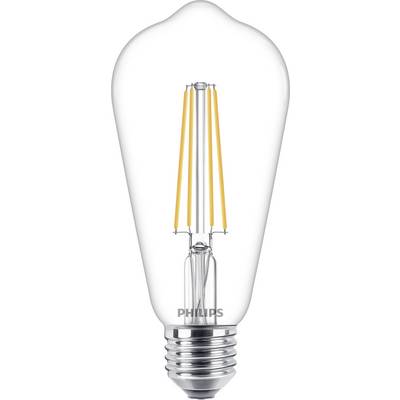 Eine klare LED-Glühbirne in klassischer Tropfenform mit Filamenten im Inneren und einem Silber-Edison-Sockel.