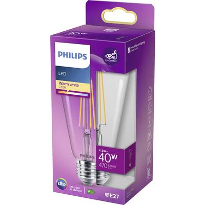 Glühbirnenverpackung der Marke 'Philips', LED, warmweißes Licht, 4,3W, 40W Ersatz, 470 Lumen, Fassung E27, energiesparend.