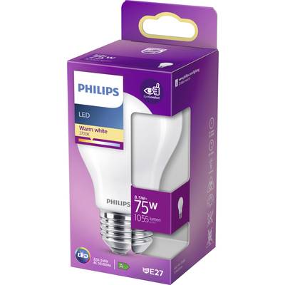 LED-Lampe von Philips in einer lila Verpackung; 8,5W, ersetzt 75W, 1055 Lumen, warmweiß, E27-Sockel, energieeffizient.