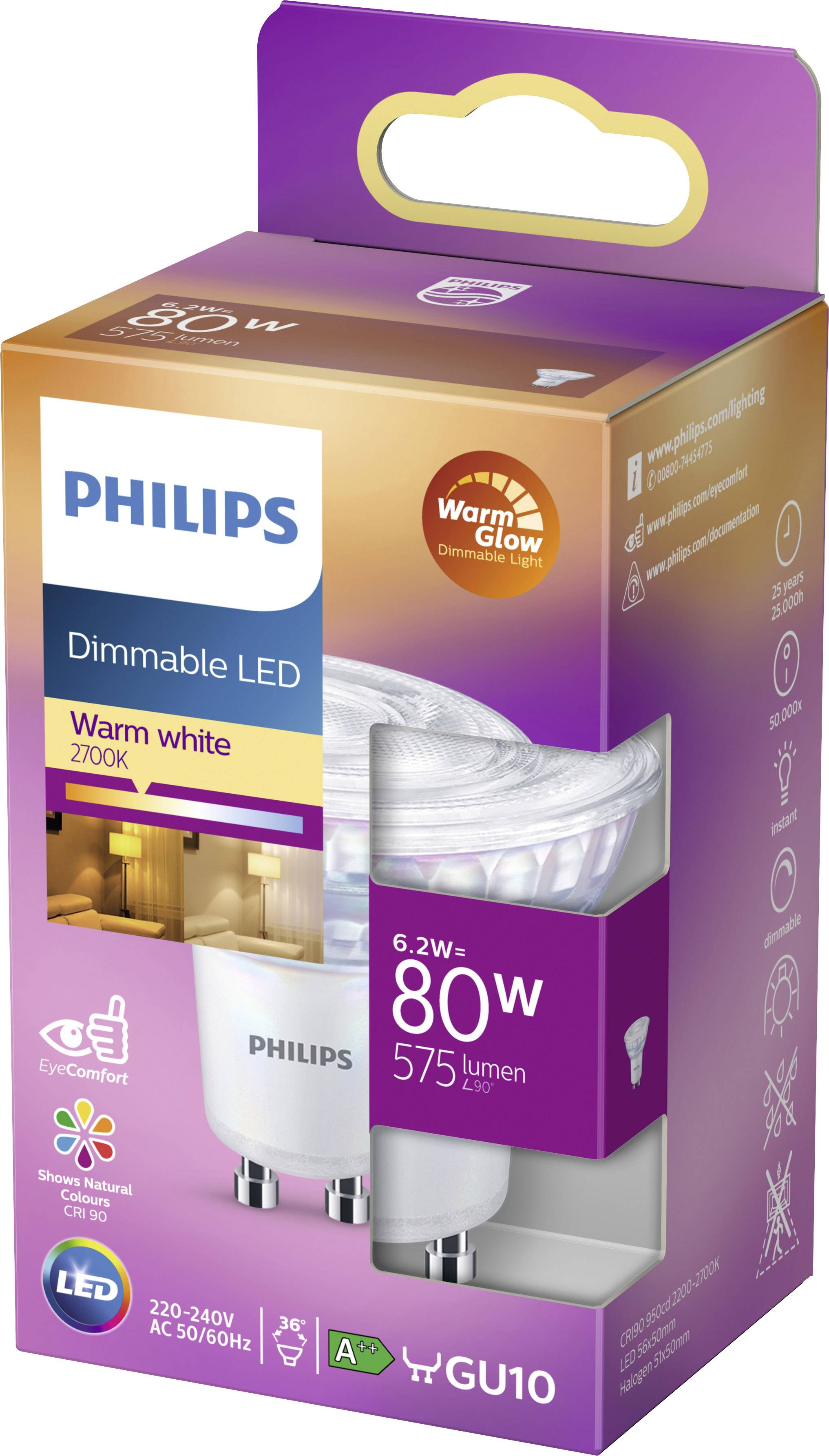 Verpackung von Philips dimmbaren LED-Glühlampen, warmweiß 2700K, 6,2 W (ersetzt 80 W), 575 Lumen, GU10-Sockel, Energieklasse A.