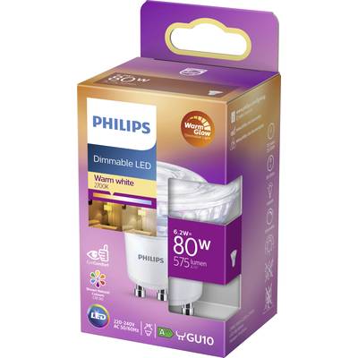 Verpackung von Philips dimmbaren LED-Glühlampen, warmweiß 2700K, 6,2 W (ersetzt 80 W), 575 Lumen, GU10-Sockel, Energieklasse A.