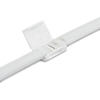 Ein weißer LED-Lichtbandverbinder mit offenem Deckel, der die Verbindungsklemmen zeigt.