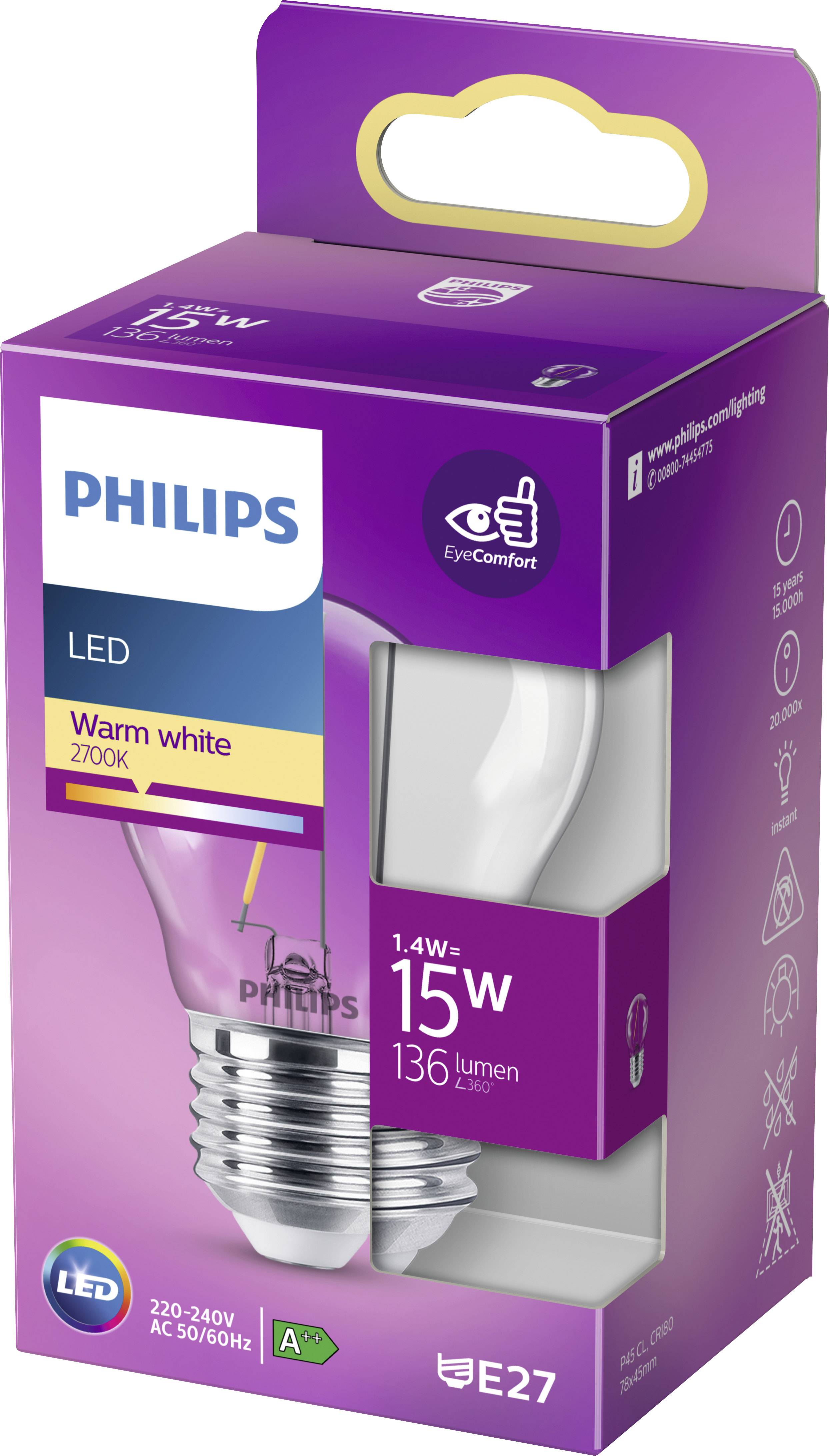 Verpackung einer Philips LED-Glühbirne, 15W, warmweiß, E27-Sockel, 136 Lumen, Energieklasse A+, geeignet für 220-240V, 2700K.