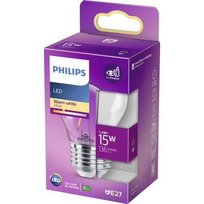Verpackung einer Philips LED-Glühbirne, 15W, warmweiß, E27-Sockel, 136 Lumen, Energieklasse A+, geeignet für 220-240V, 2700K.