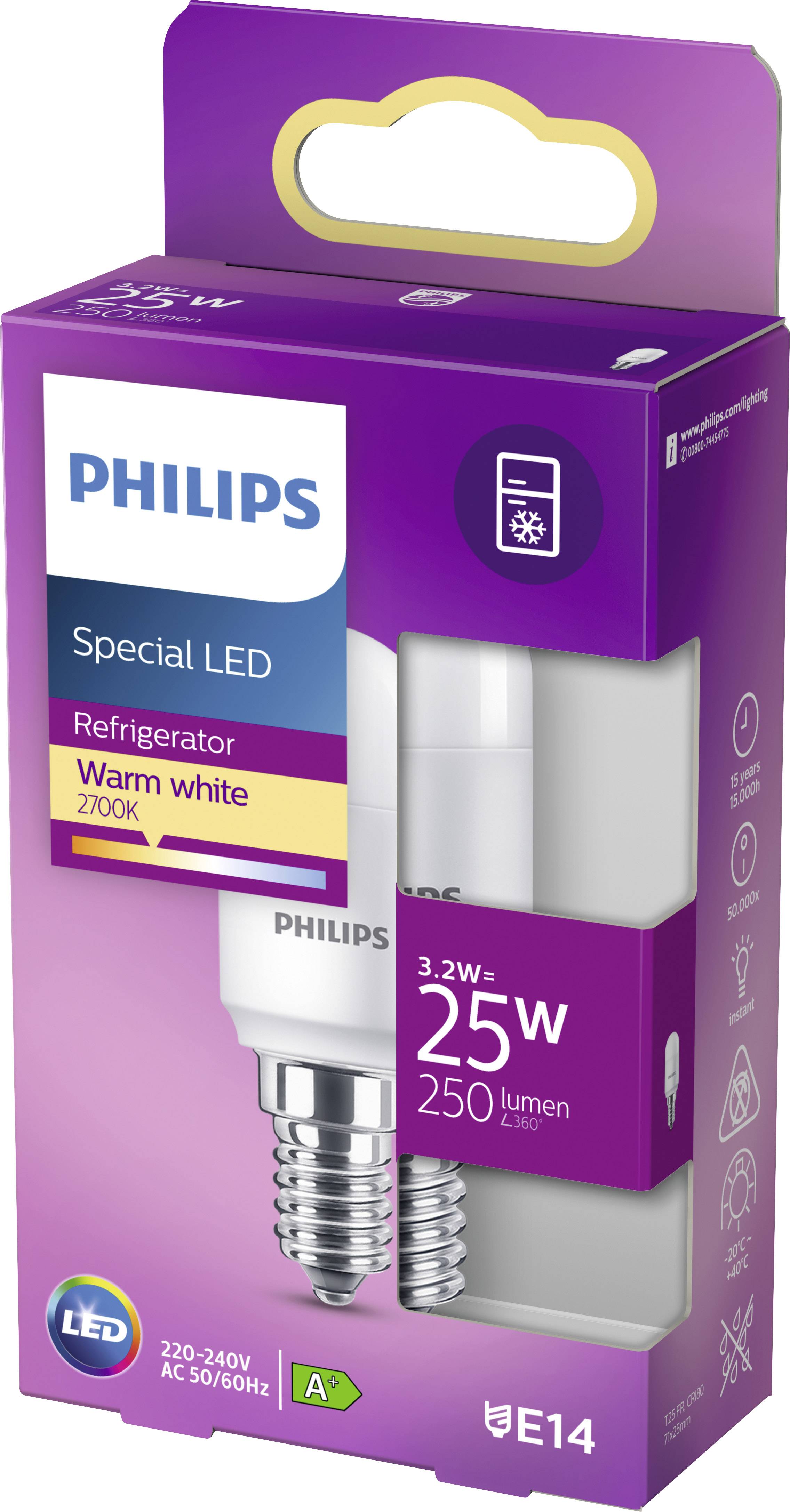 Verpackung einer Philips Special LED Kühlschranklampe, warmweiß, 3,2W ersetzt 25W, 250 Lumen, E14 Sockel, Energieklasse A+.