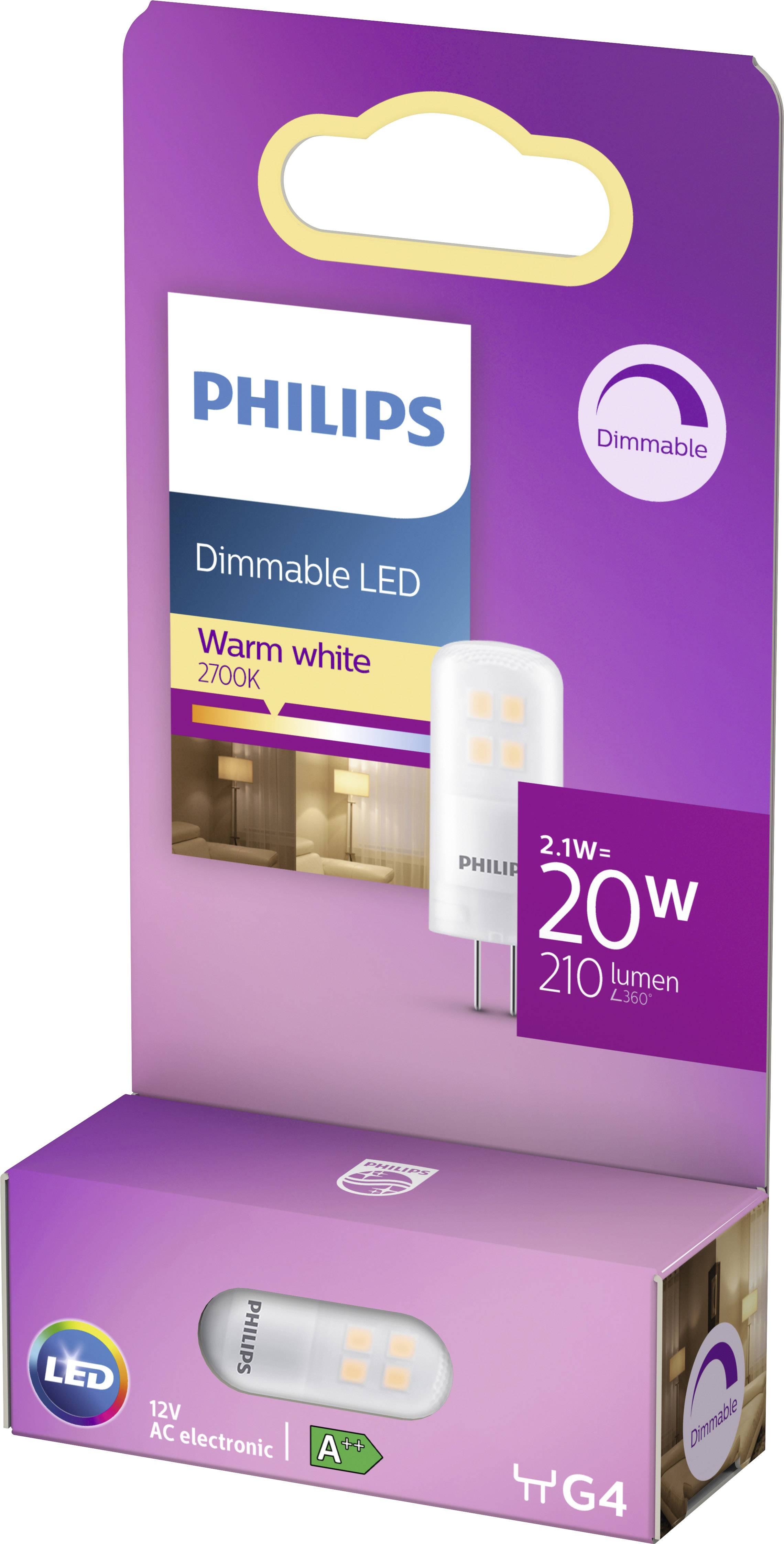 'Philips dimmbare LED-Lampe, warmweiß 2700K, 2.1 W entspricht 20 W, 210 Lumen, G4-Sockel. Energieklasse A.' Verpackung in Lila.