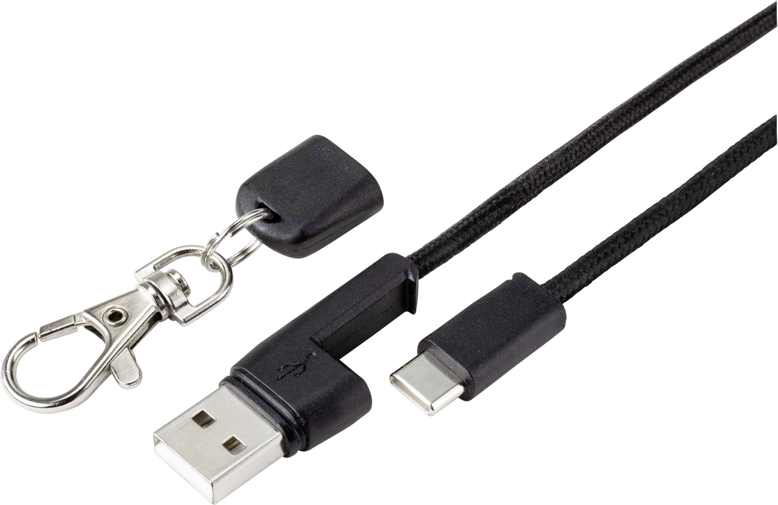 Ein schwarzes Ladekabel mit USB-A- und USB-C-Steckern, integriert in ein Schlüsselband mit einem Metallclip.