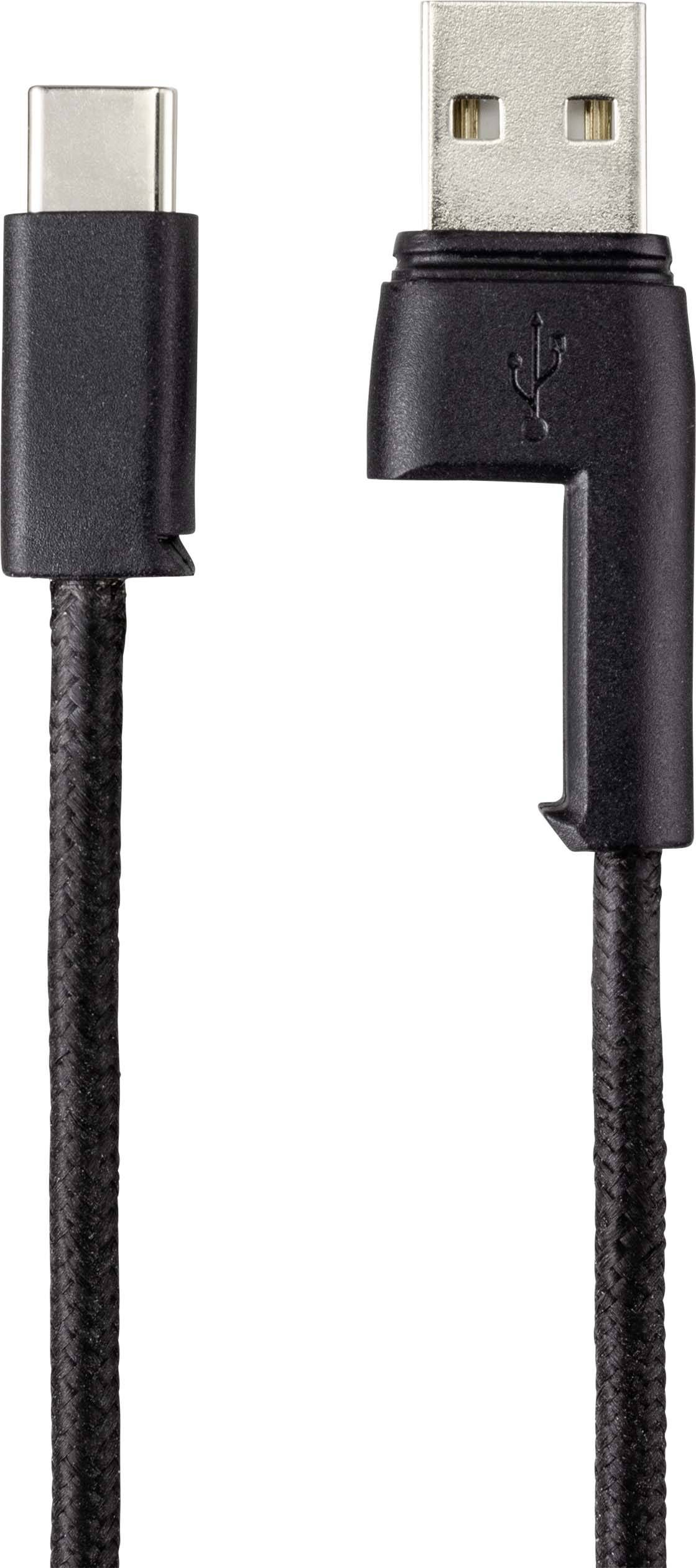 Schwarzes USB-Kabel mit geflochtener Ummantelung; links USB-C-Stecker, rechts Standard-USB-Stecker in Winkelform.