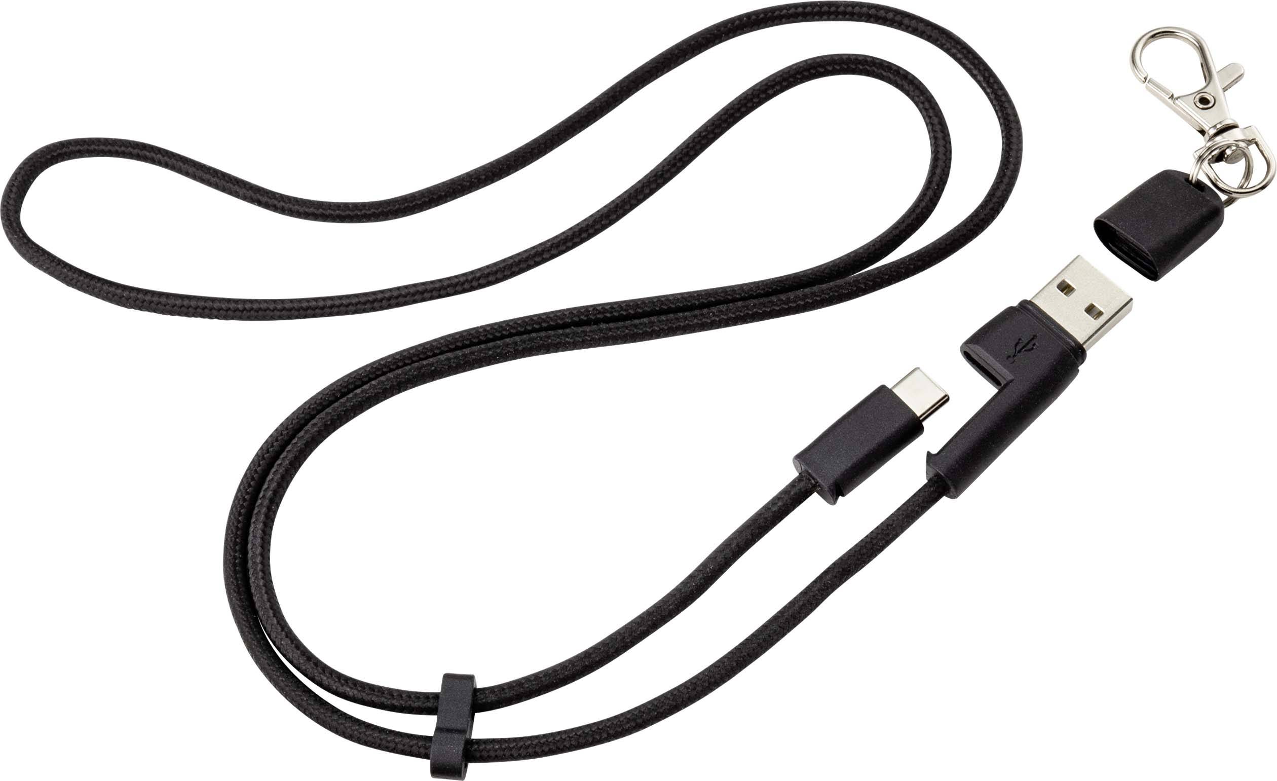 Schwarzes USB-Kabel mit Anhänger, kombiniert USB und USB-C Anschlüsse, dient als Schlüsselanhänger und Ladekabel.