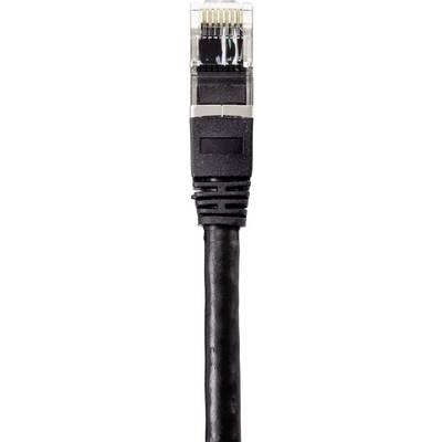 Nahaufnahme eines schwarzen Ethernet-Kabels mit RJ45-Stecker, verwendet für Netzwerkverbindungen.