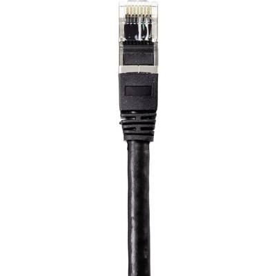 Ein schwarzes Ethernet-Kabel mit einem transparenten RJ45-Stecker.