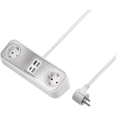 Mehrfachsteckdose mit zwei Steckplätzen und drei USB-Anschlüssen, Kabel mit Eurostecker. Ideal für Wohn- oder Büronutzung.