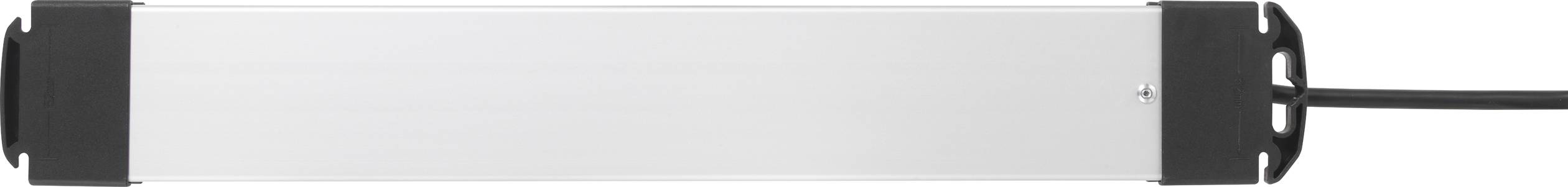 Ein rechteckiges, silbernes elektronisches Gerät mit schwarzen Endkappen und einem Kabel auf der rechten Seite.