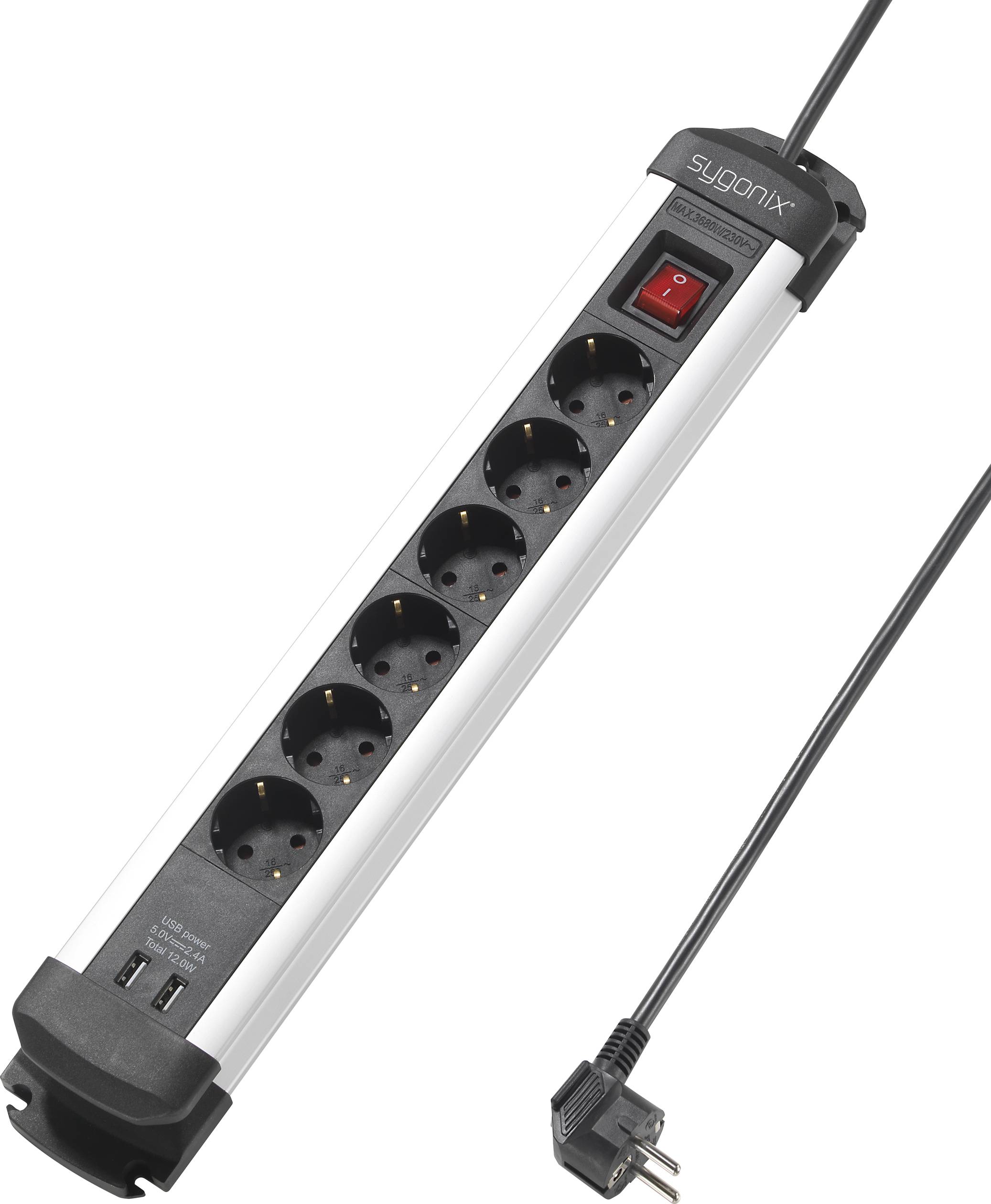 Sygonix SY-4538262 Steckdosenleiste mit Schalter 6fach Schwarz, Silber Schutzkontakt 1 St.-0