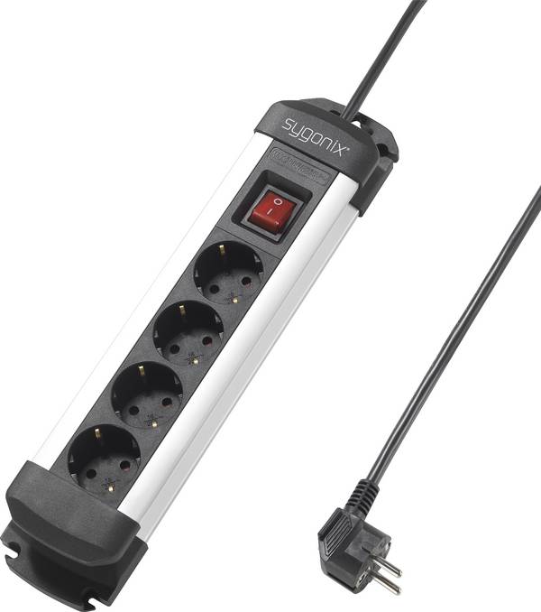Sygonix SY-4538264 Steckdosenleiste mit Schalter 4fach Schwarz, Silber Schutzkontakt 1 St.