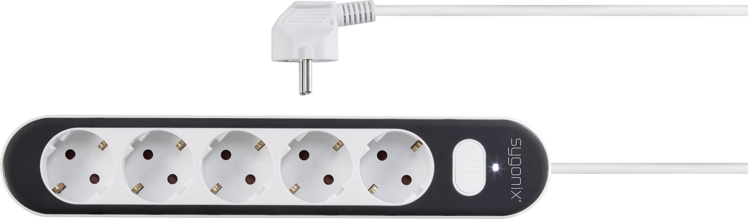 Fünffach-Steckdosenleiste mit Schalter, schwarzes und weißes Design, angeschlossenes Kabel mit rechtwinkligem Stecker. Ideal zur Stromverteilung.