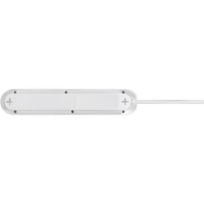 Ein weißer Mehrfachstecker mit sechs Steckplätzen und einem Kabel. Der Stecker ist in einer Draufsicht abgebildet.