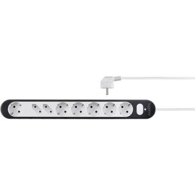 Steckdosenleiste mit 7 Steckplätzen und Schalter, seitlich ein Netzkabel mit Winkelstecker eingesteckt.