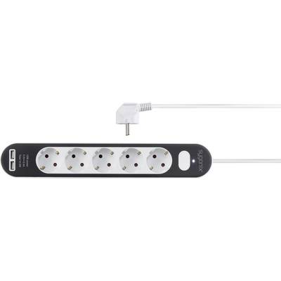 Schwarze Steckdosenleiste mit fünf Steckplätzen und zwei USB-Anschlüssen, markiert mit 'Subformix'. Weiße Stromleitung oben.