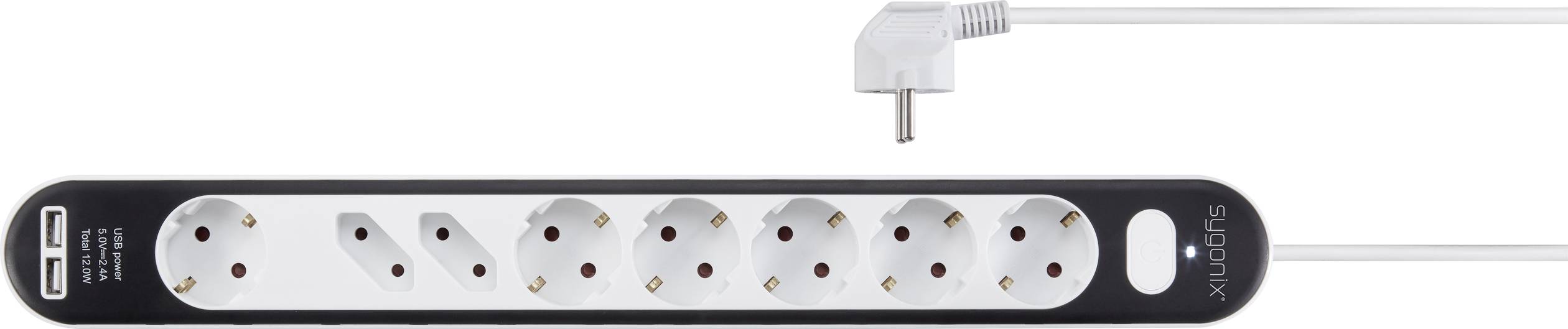 Steckdosenleiste mit sechs Schuko-Steckplätzen, zwei USB-Anschlüssen und einem weißen, abgewinkelten Stecker.