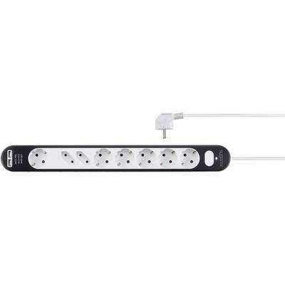 Steckdosenleiste mit sechs Schuko-Steckplätzen, zwei USB-Anschlüssen und einem weißen, abgewinkelten Stecker.