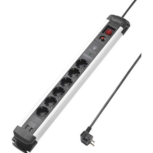 Sygonix SY-4538280 Überspannungsschutz-Steckdosenleiste 6fach Schwarz, Silber Schutzkontakt 1 St.