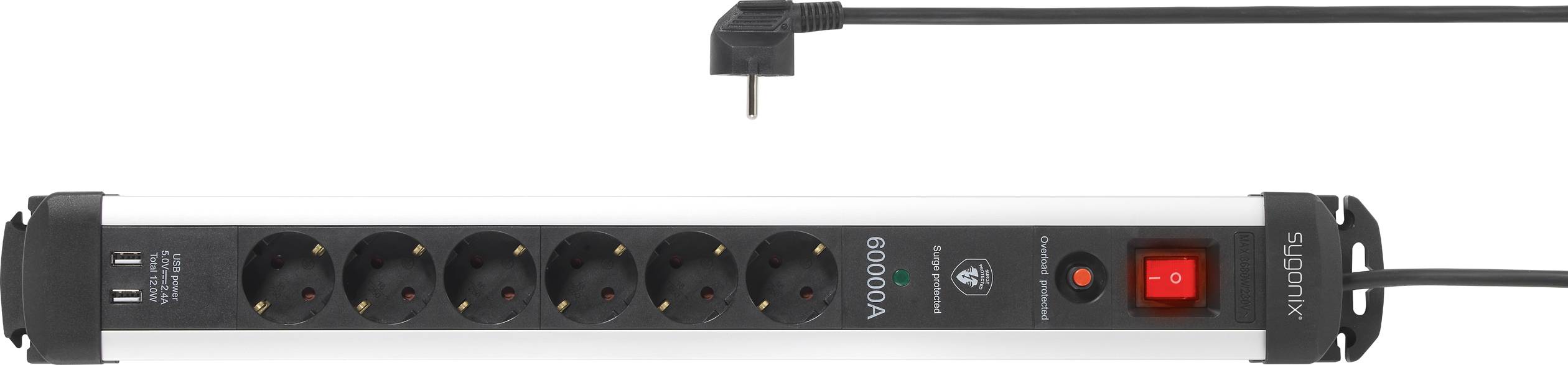 Eine schwarze Steckdosenleiste mit acht Steckplätzen und einem leuchtenden roten Schalter. Links befinden sich zwei USB-Anschlüsse.