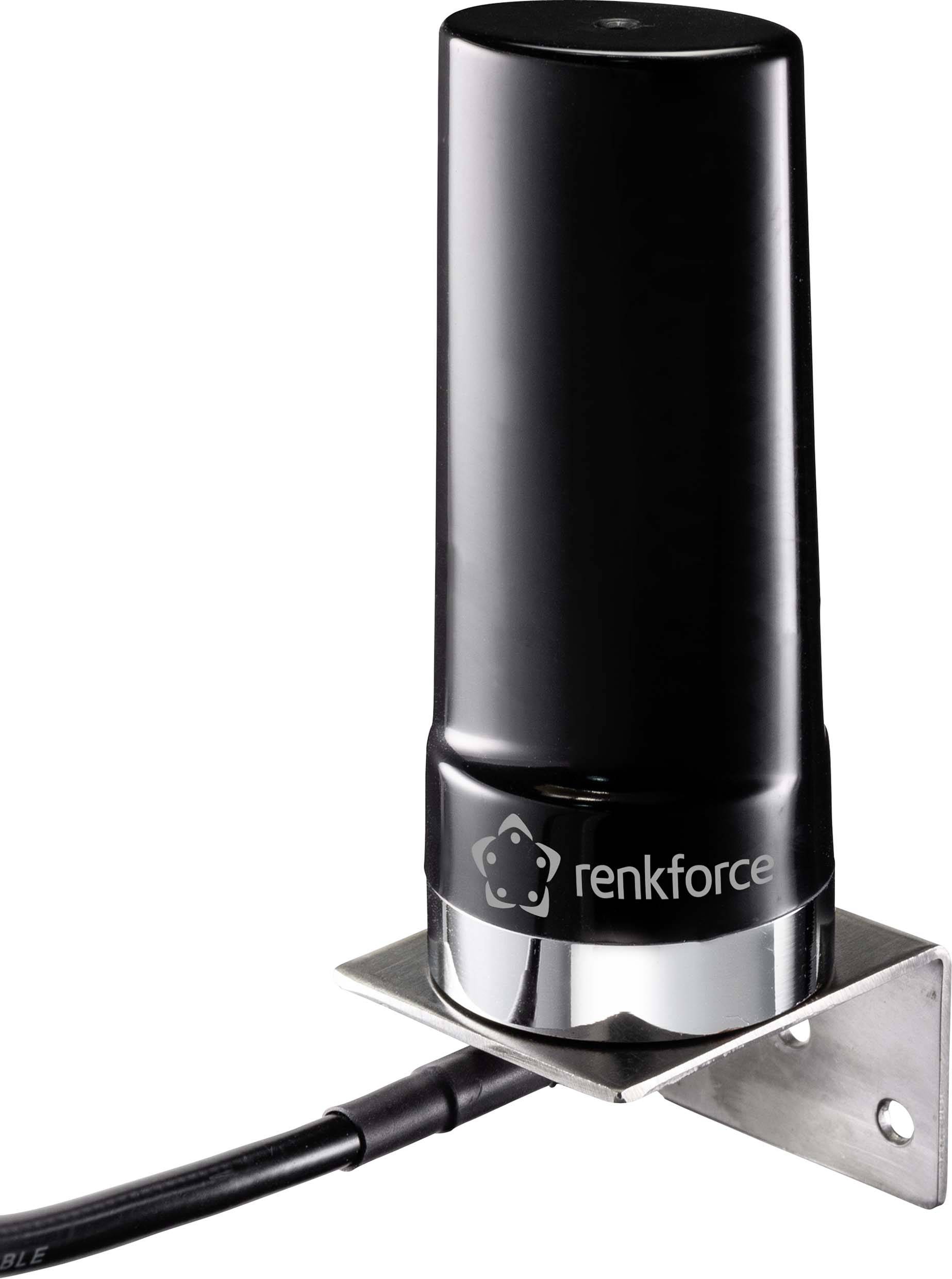 Eine schwarze, zylindrische Außendachantenne von Renkforce, montiert auf einer Metallhalterung, mit angeschlossenem Kabel.